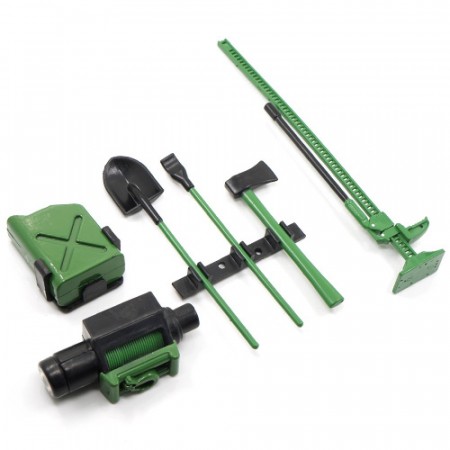 Yeah Racing 1/10 RC Crawler Scale Accessory Tool Set Axes Digging Shovel Oil Tank High Jack Winch Pry Bar Green