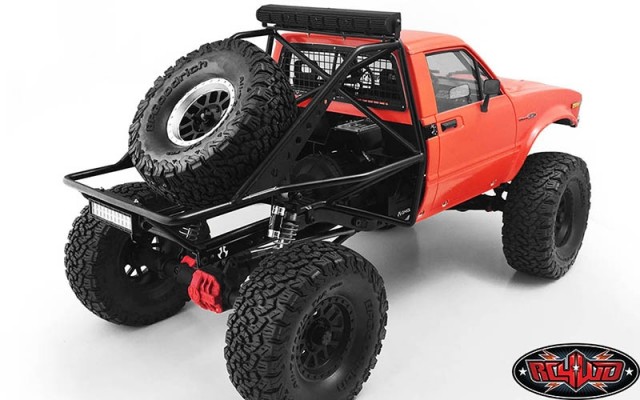 Shown installed on Axial SCX10 with RC4WD Mojave II Front Cab (Primer Gray), Rear Window Guard for Hilux & Bruiser & Mojave, LED Light Bar and Spare Tire for example (Not Included)