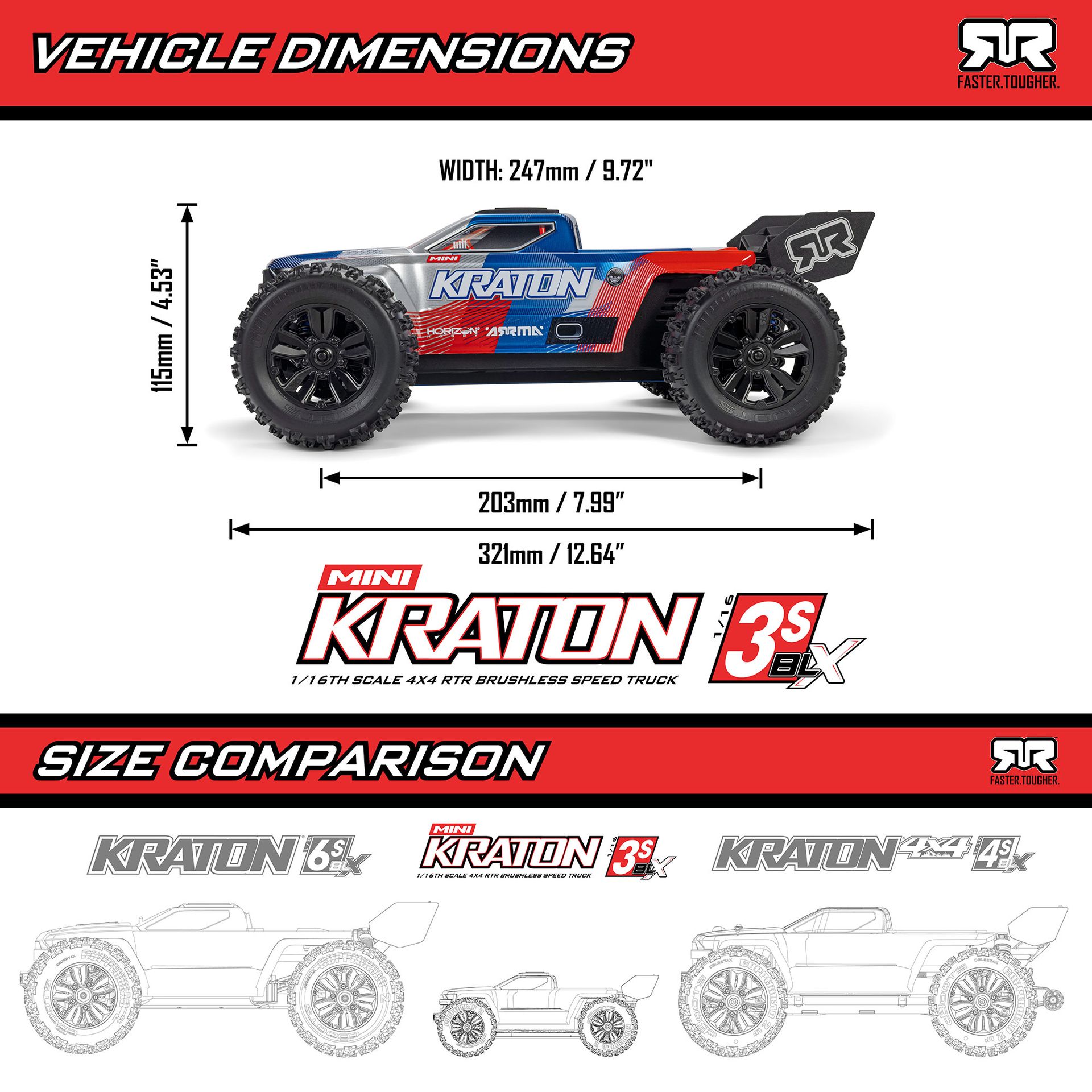 1/16 MINI KRATON 3S DSC 4X4 RTR Brushless Speed Truck (Battery & Charger Included), Red/Blue